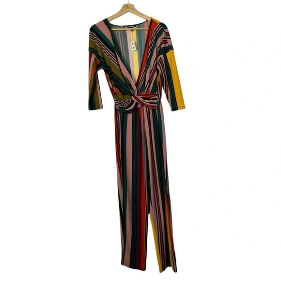 Express Colorful Stripe Twist Front Long Sleeve Straight Leg Jumpsuit S - Picture 3 of 5